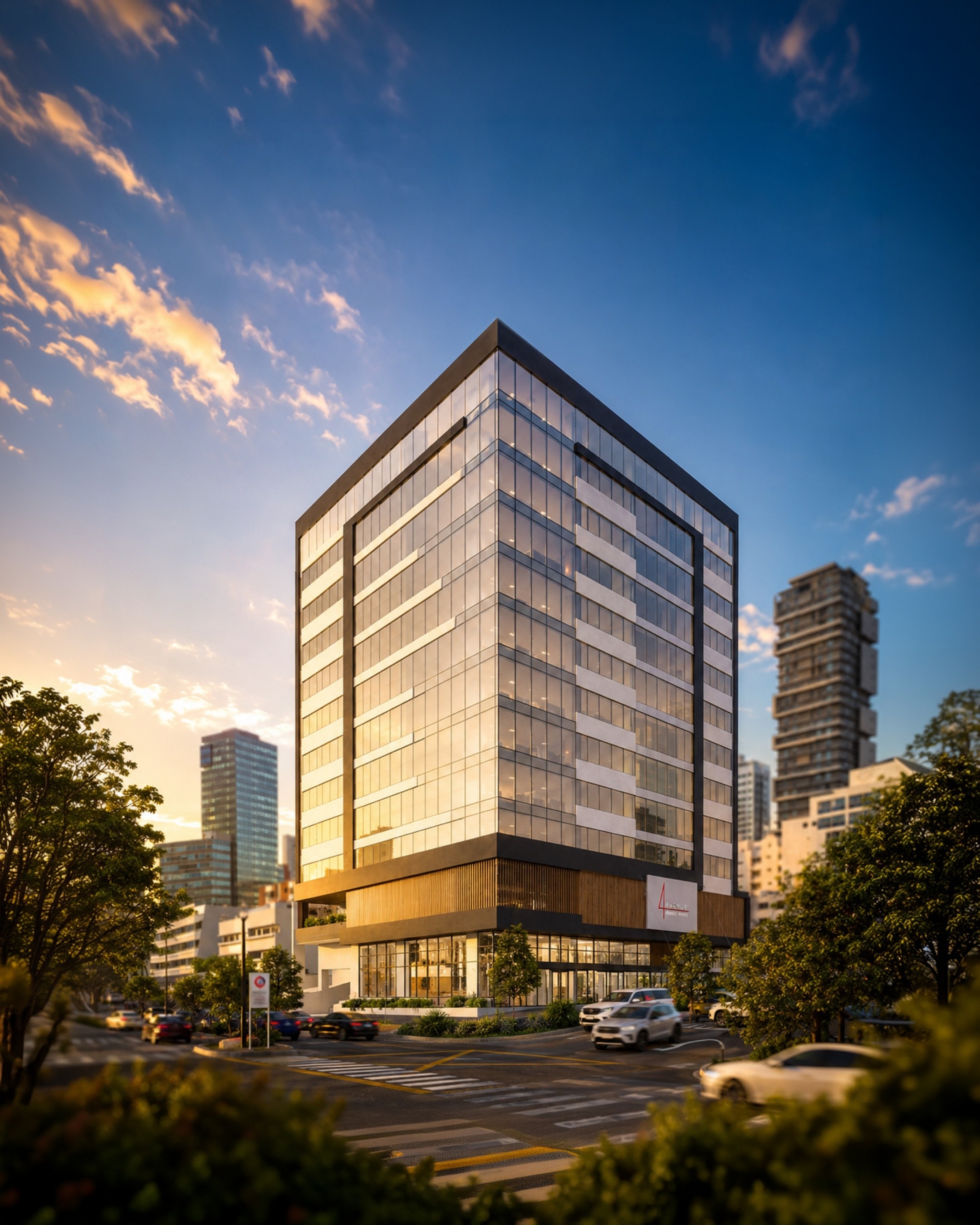 Edificio 4 Américas al atardecer