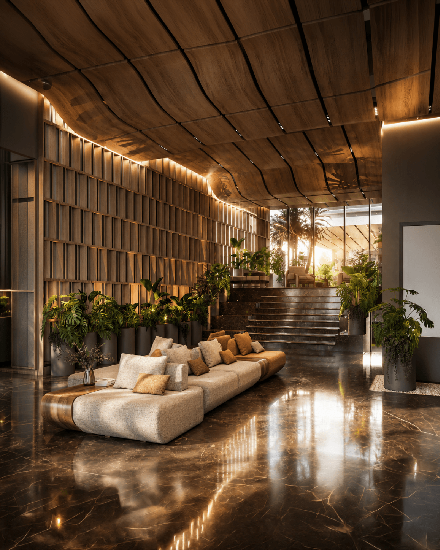 Lobby de alto estándar con mobiliario y vegetación
