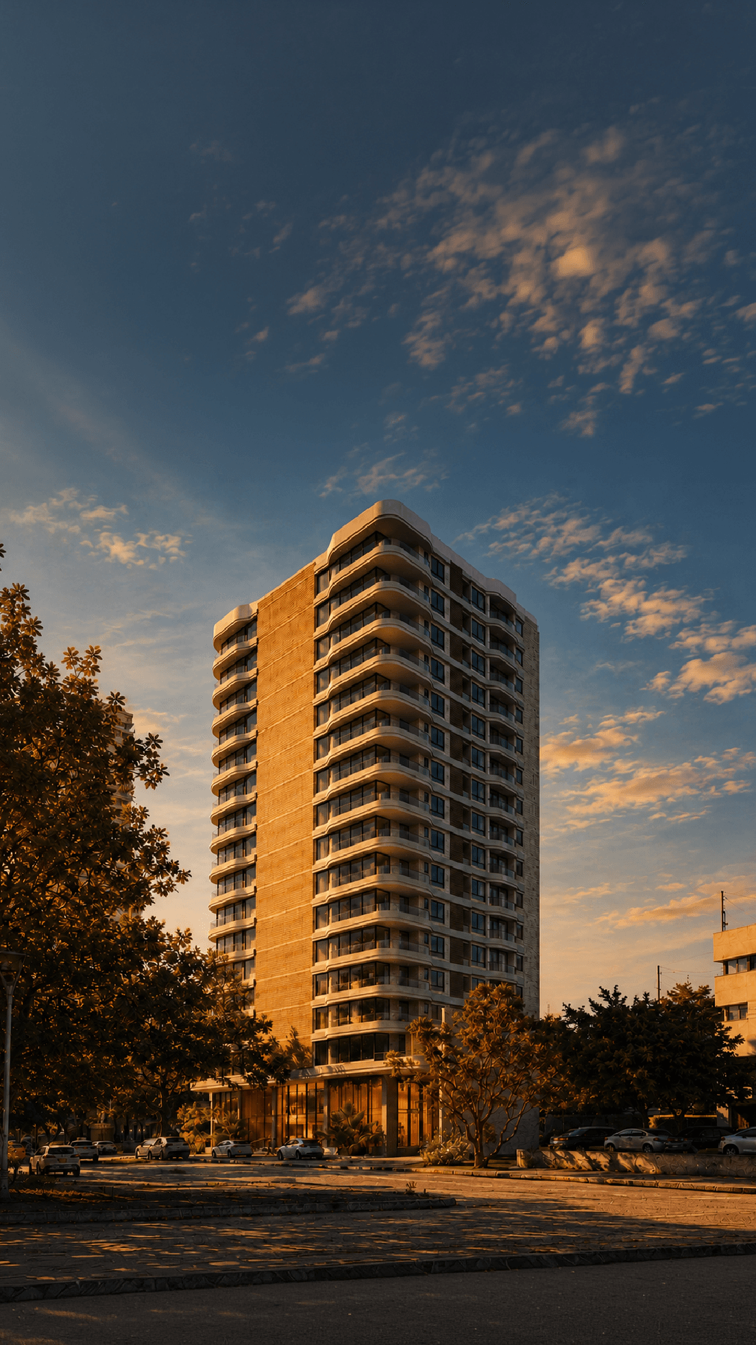 Torre residencial con balcones curvos al atardecer