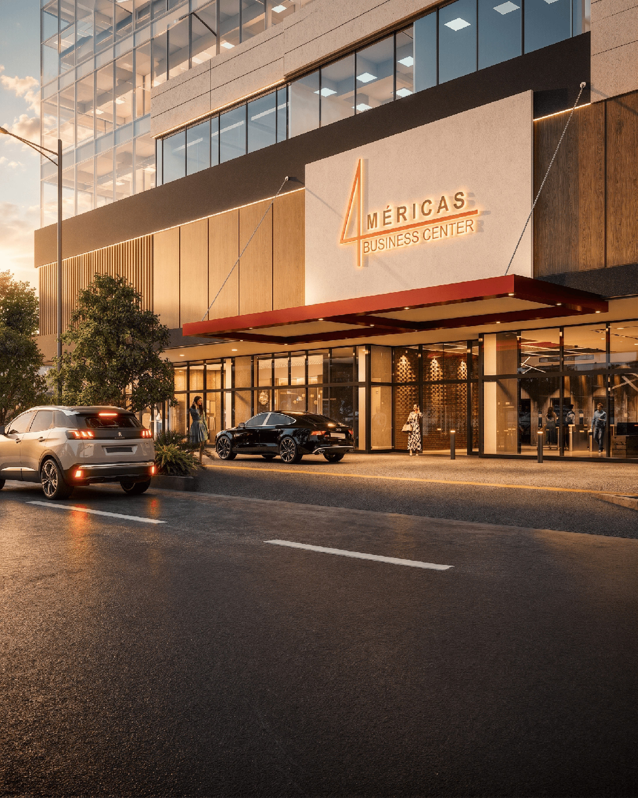 Entrada del 4 Américas Business Center al atardecer