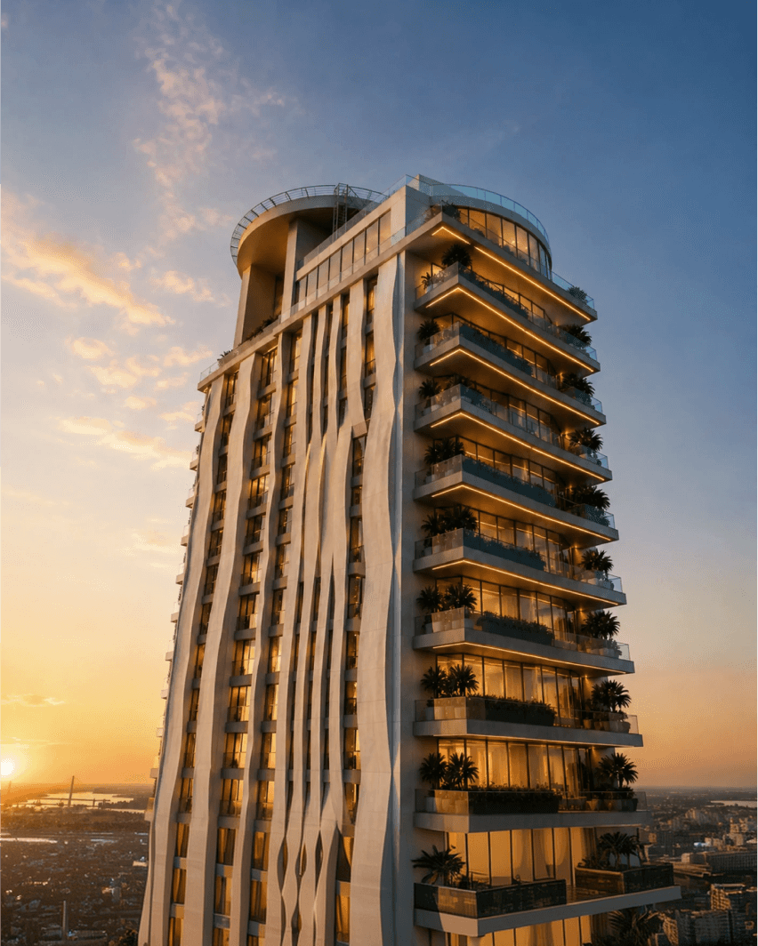 Torre residencial de alto estándar al atardecer