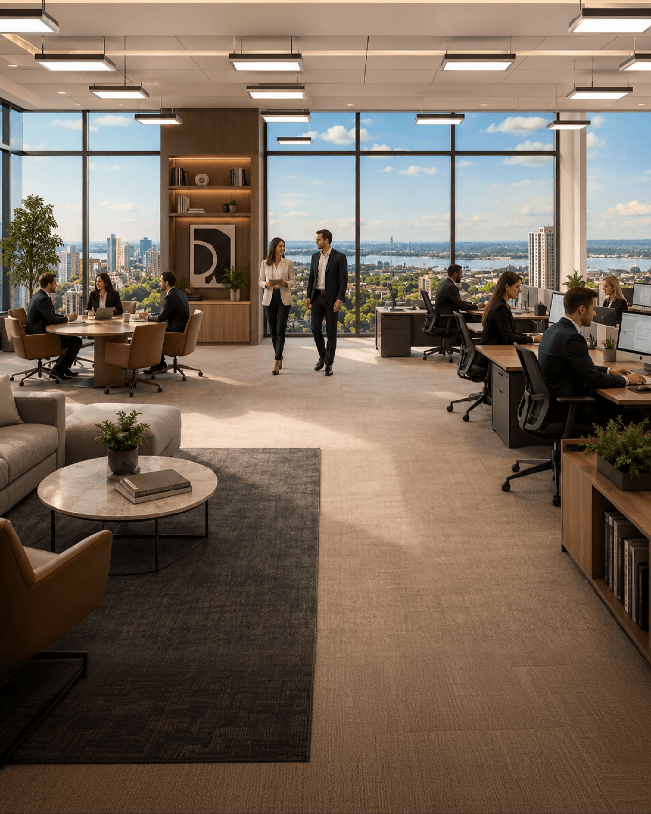 Oficina contemporánea con vista a la ciudad